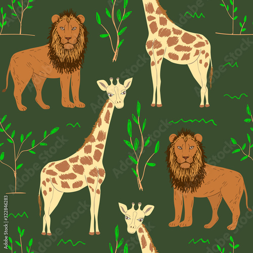 Fototapeta Naklejka Na Ścianę i Meble -  Seamless pattern of cartoon giraffe and lion. Repeatable textile vector print, childish wallpaper design.