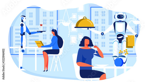 Robots Serving Women in Modern Cafe Cartoon Flat Vector Illustration. Girl Drinkig Wine and Served by Artificial Intellects. Woman Holding Menu, Robot Suggesting Aperitif to Female Guest.