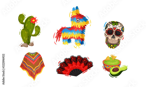 Bright Mexican Attributes and Symbols with Guacamole and Fan Vector Set