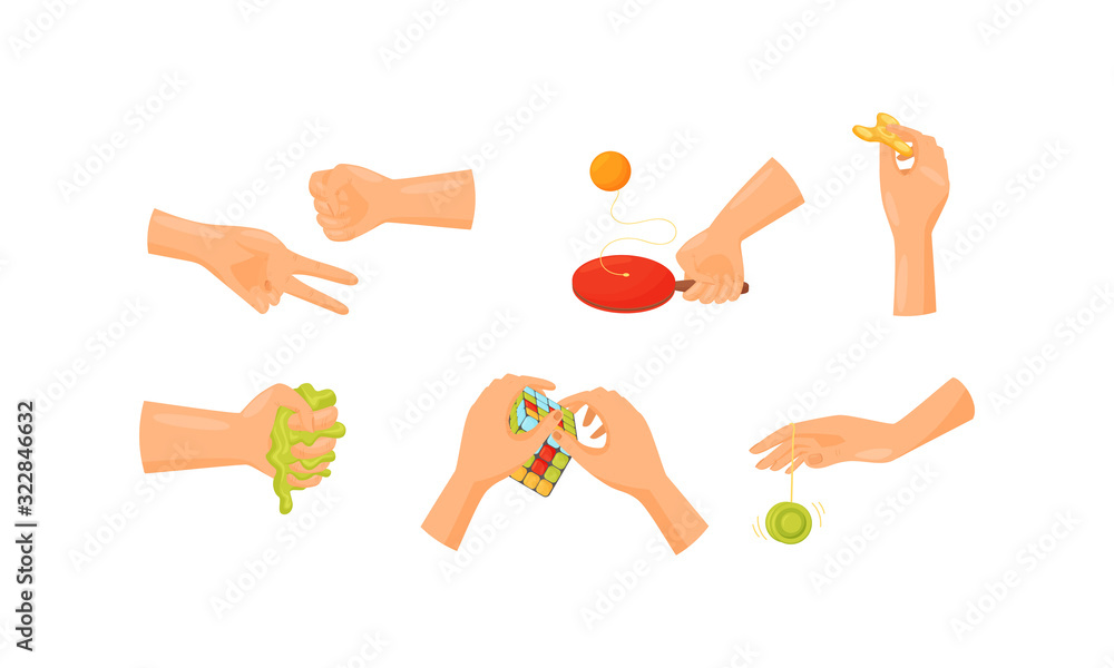 Human Hands Playing Different Games Like Hungarian Cube and Spinner Vector Set Human Hands Playing Different Games Like Hungarian Cube and Spinner Vector Set