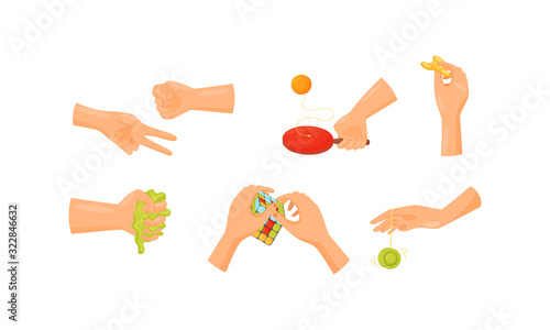 Slika na platnu Human Hands Playing Different Games Like Hungarian Cube and Spinner Vector Set