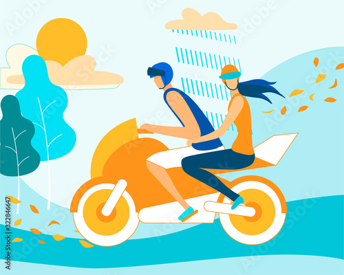 Young Loving Couple Riding Motorbike on Nature Background in Rainy Autumn Weather. Girl Hug Man. Vacation Sparetime, Leisure, Romantic Journey. Love, Human Relations Cartoon Flat Vector Illustration