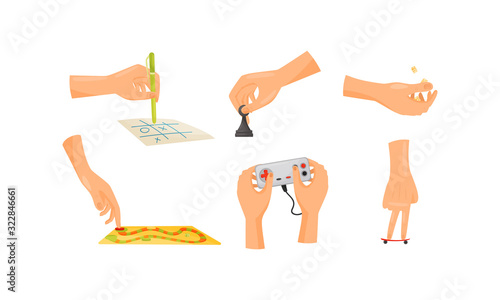 Human Hands Playing Different Games Like Oughts and Crosses and Chess Vector Set