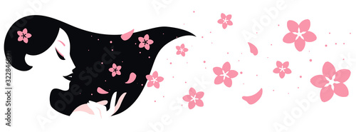 A young girl face with pink cherry flowers. A cherry blossom season. Sakura in Japan. Vector illustration.