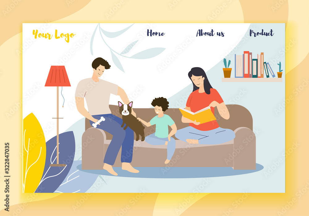 Obraz premium Happy Family Spending Time Together at Home. Mother, Father, Little Son and Puppy Sitting on Sofa, Woman Reading Book, Man Playing with Pet and Boy. Cartoon Flat Vector Illustration. Horizontal Banner
