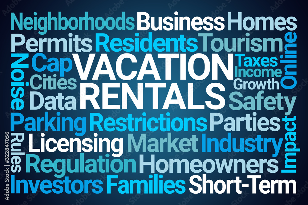 Vacation Rentals Word Cloud on Blue Background Vacation Rentals Word Cloud on Blue Background