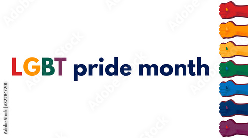 LGBT pride month banner template with border of fists on white background. 7 raised fists in rainbow colors on the right. Protest against homophobia.Flat style vector illustration.Fight.Design element