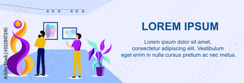 Banner with Advertising Text and Abstract Artistic and Structural Installation Artworks Exhibition in Art Gallery Museum. Cartoon People Characters Enjoying Excursion. Vector Flat Illustration