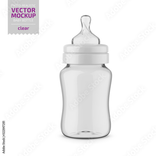 Clear glossy plastic baby bottle vector mockup.