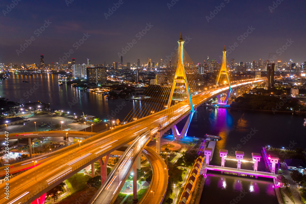 Aerial view of Bhumibol bridge in Bangkok district across Chao Phraya river in Thailand Aerial view of Bhumibol bridge in Bangkok district across Chao Phraya river in Thailand