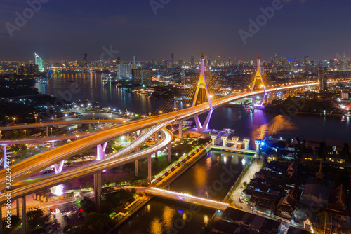 Aerial view of Bhumibol bridge in Bangkok district across Chao Phraya river in Thailand