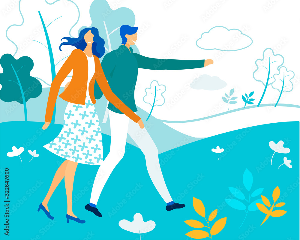 Summer Time Season Leisure, Happy Couple Walking in Beautiful Park or Forest, Man Show Place to Woman Looking Around, Characters Spend Time Together, Love, Relations Cartoon Flat Vector Illustration