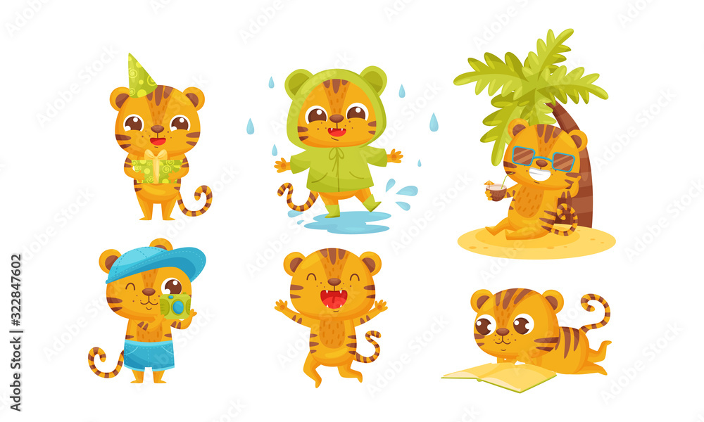 Fototapeta premium Cartoon Tiger Cub Walking in Rainy Day and Sitting Under Palm Tree Drinking Cocktail Vector Set