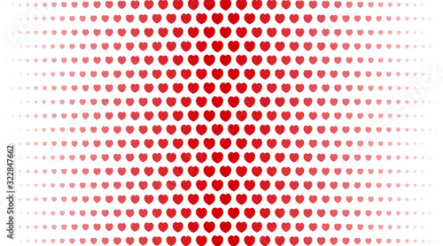 Abstract background. Red hearts of different sizes with halftone effect on white background. Vector illustration.