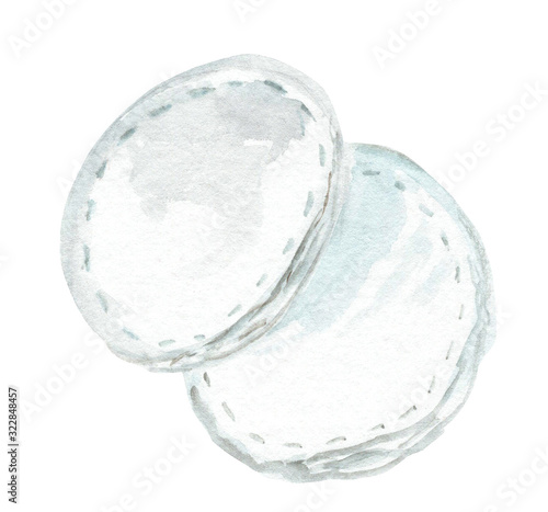 watercolor hand drawn two cotton disks for makeup removal isolated on white background
