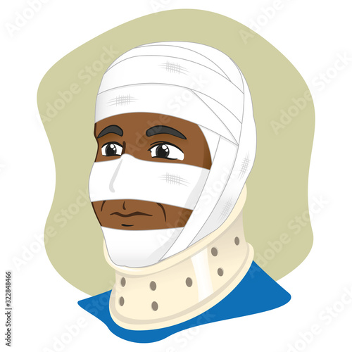 Illustration of a human head with bandages using cervical collar to immobilize the neck, afro descendant. Ideal for catalogs, information and first aid guides