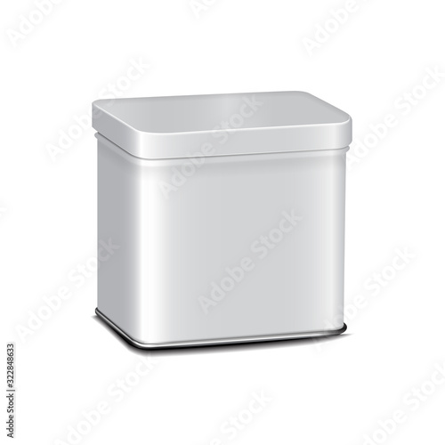 Vector white gloss tin can. Container for coffee, tea, sugar, sweet, spice. Realistic illustration packaging