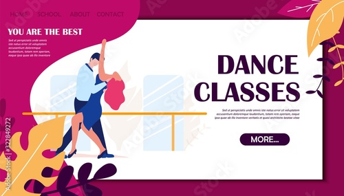 Dance Classes Advertisement. Couple Man Woman Dance Tango Vector Illustration. Promotion Ad. Dancing School Lessons. Dancer Class Training. Choreography Learning. Active Hobby Leisure