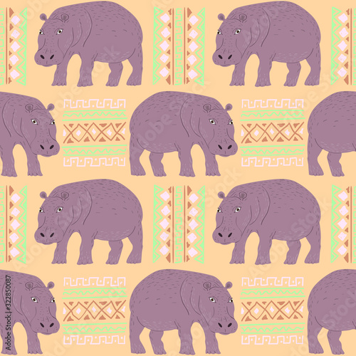 Seamless pattern of hippo with ethnic ornament elements. Repeatable textile vector print, wallpaper design.
