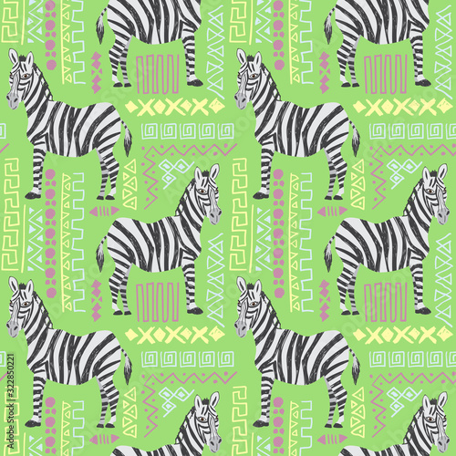 Seamless pattern of zebra with ethnic ornament elements. Repeatable textile vector print  wallpaper design.