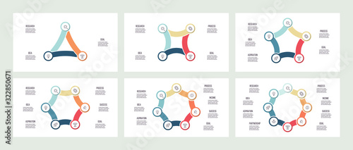 Business infographics. Charts with 3, 4, 5, 6, 7, 8 parts, options. Vector templates.