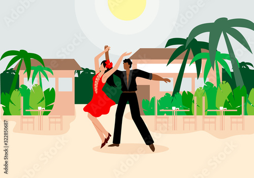Latin Duo Performing Dance Vector Illustration. Man and Woman in Dance Costumes Perform Fiery Famous Dance against Backdrop Palm Trees and Houses. Beautiful People Dance in City Street.