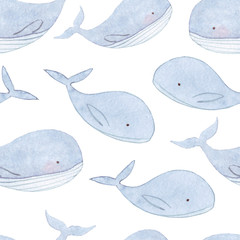 Wandcirkels Aquarel prints patronen Cute and funny seamless pattern with blue whales on white background in cartoon style. Hand painted Watercolor illustration. Sea mammal.Romantic and fresh background for web pages, wedding invitations  © BloomPix