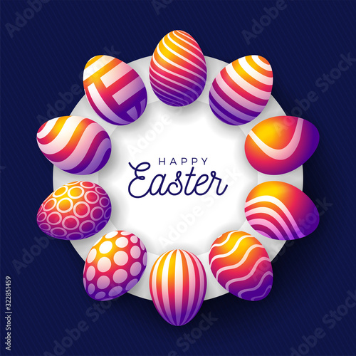Easter insta color egg banner. Easter card with eggs laid out in a circle on a white plate, rainbow ornate eggs on purple modern background. Vector illustration. Place for your text.