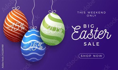 Easter egg sale horizontal banner. Easter card with realistic eggs that hang on a thread, colorful ornate eggs on purple striped modern background. Vector illustration. Place for your text.