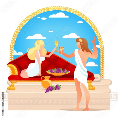 God of Grape Harvest Winemaking and Wine Dionysus Ancient Greek God and Ariadne Drink Wine. Man in Wreath with Gold Goblet. Religion Myth Greece Traditions and Rituals Cartoon Flat Vector Illustration