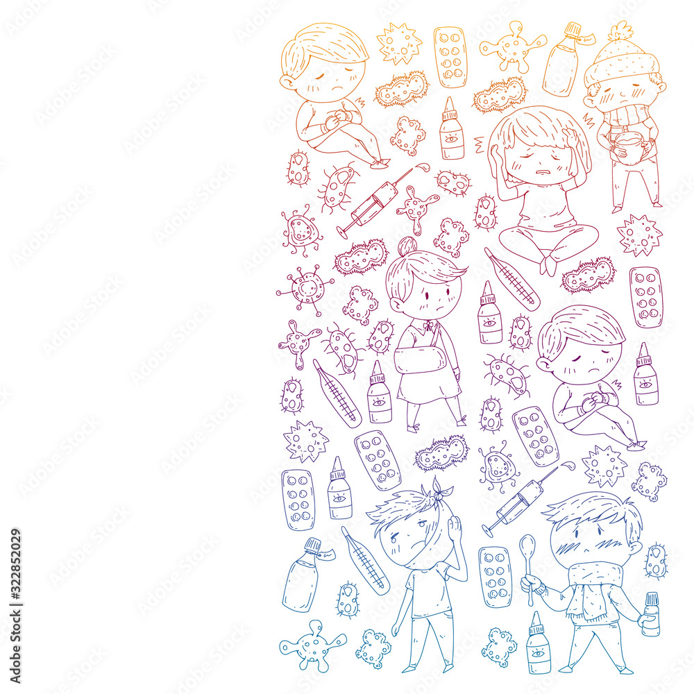 Vector pattern with little children. Illustration of Child diseases, flu, illness Vector pattern with little children. Illustration of Child diseases, flu, illness