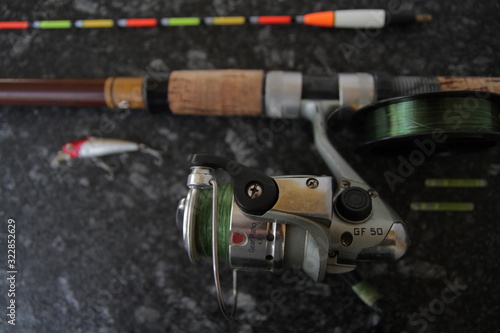  fishing equipment for fishing, spinning with a reel, fishing line, float and wobbler.