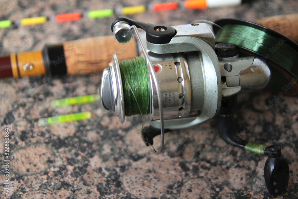 fishing equipment for fishing, spinning with a reel, fishing line, float and wobbler. fishing equipment for fishing, spinning with a reel, fishing line, float and wobbler.