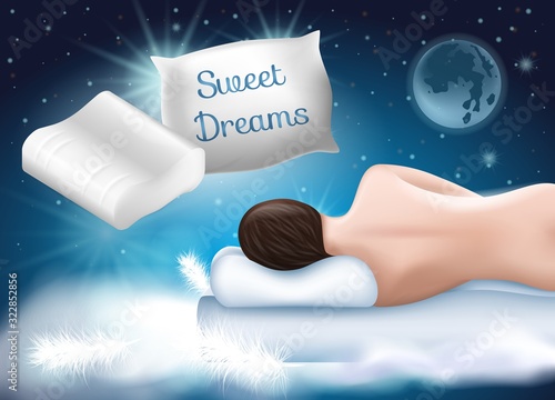 Cotton Surface. Orthopedic Pillow. Healthy Sleep. Woman with Even Spine Lying on Side. Sleep on Pillow. Galaxy Background. Advertising Image. Poster for Printing. Anatomical Form. Vector Illustration.