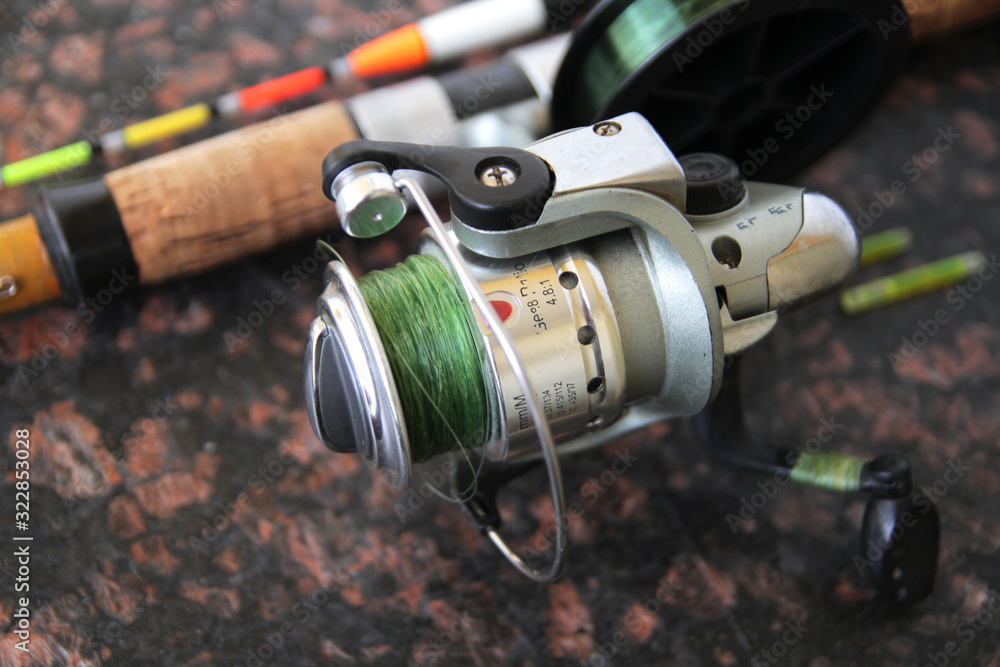fishing equipment for fishing, spinning with a reel, fishing line, float and wobbler. fishing equipment for fishing, spinning with a reel, fishing line, float and wobbler.