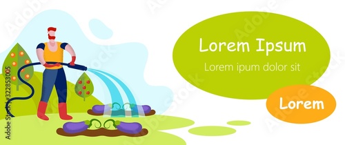 Man Watering Organic Eggplant in Vegetable Garden. Inscription on White Background. Grow Vegetables. Vector Illustration. Healthy Organic Food. People Produced Organic Production. Apple Tree in Garden