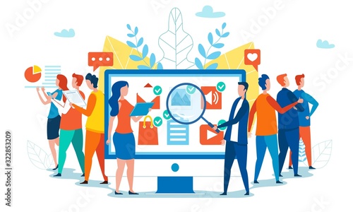 Cartoon Man and Woman Team Work with Network Applications Icons on PC Monitor Analyzing Popularity and Social Activity. Feedback Consumer, Customer Review Evaluation. Vector Isolated Flat Illustration