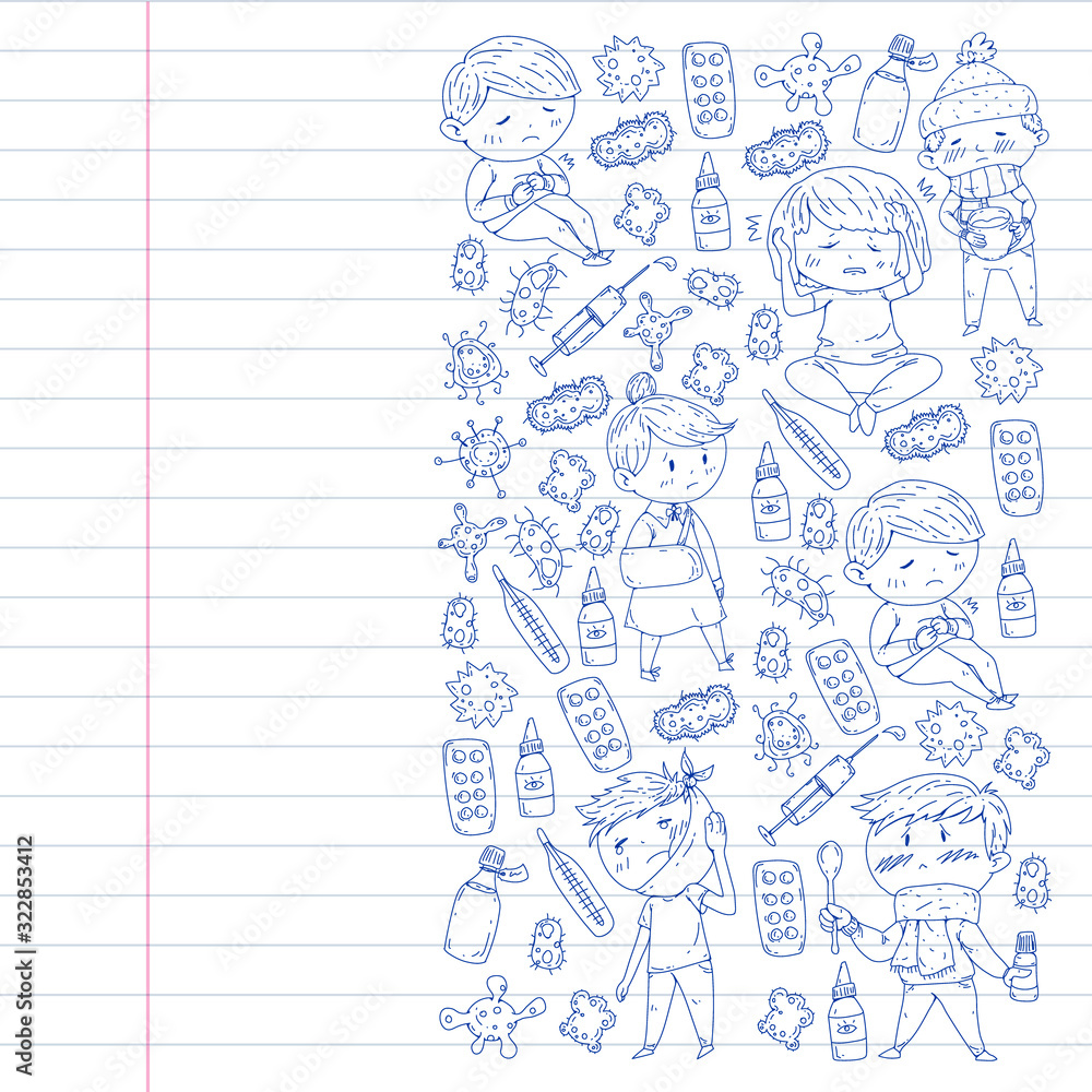 Vector pattern with little children. Illustration of Child diseases, flu, illness Vector pattern with little children. Illustration of Child diseases, flu, illness