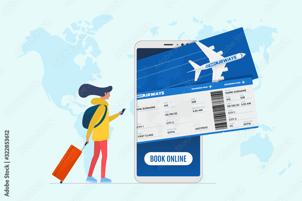 Vecteur Stock Online flight booking service concept. Young female with  suitcase luggage book airplane travel on smartphone. Plane ticket  reservation and pay mobile app on world map vector illustration | Adobe  Stock