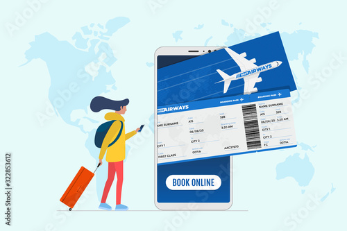 Online flight booking service concept. Young female with suitcase luggage book airplane travel on smartphone. Plane ticket reservation and pay mobile app on world map vector illustration
