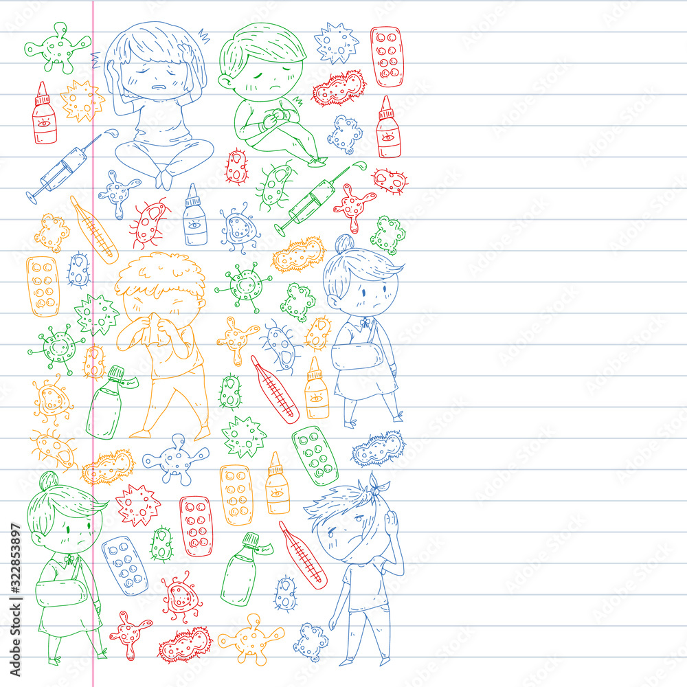 Vector pattern with little children. Illustration of Child diseases, flu, illness Vector pattern with little children. Illustration of Child diseases, flu, illness