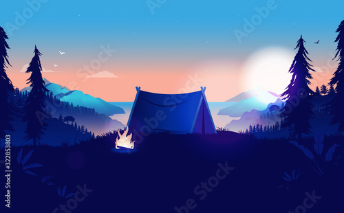 Camping sunrise - Tent in nature with campfire, beautiful view, early morning and the sun is rising. Forest, mountains and ocean in the background. Vector illustration.