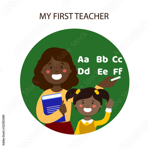 Dark-Skinned Teacher and Student Learn Letters. Black Teacher. Write Alphabet. First Teacher. Elementary School. Woman in Yellow Blouse. Vector Illustration. White Background Icon and Text.