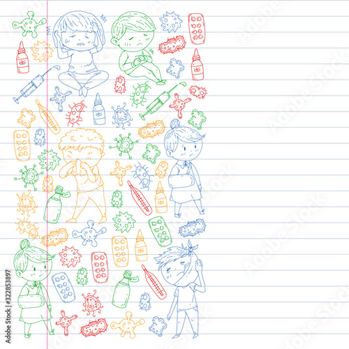 Vector pattern with little children. Illustration of Child diseases, flu, illness