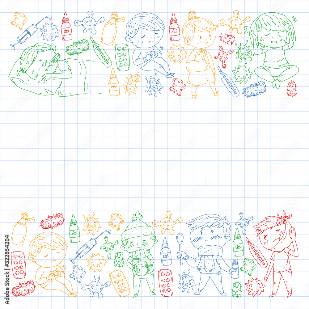 Vector pattern with little children. Illustration of Child diseases, flu, illness Vector pattern with little children. Illustration of Child diseases, flu, illness