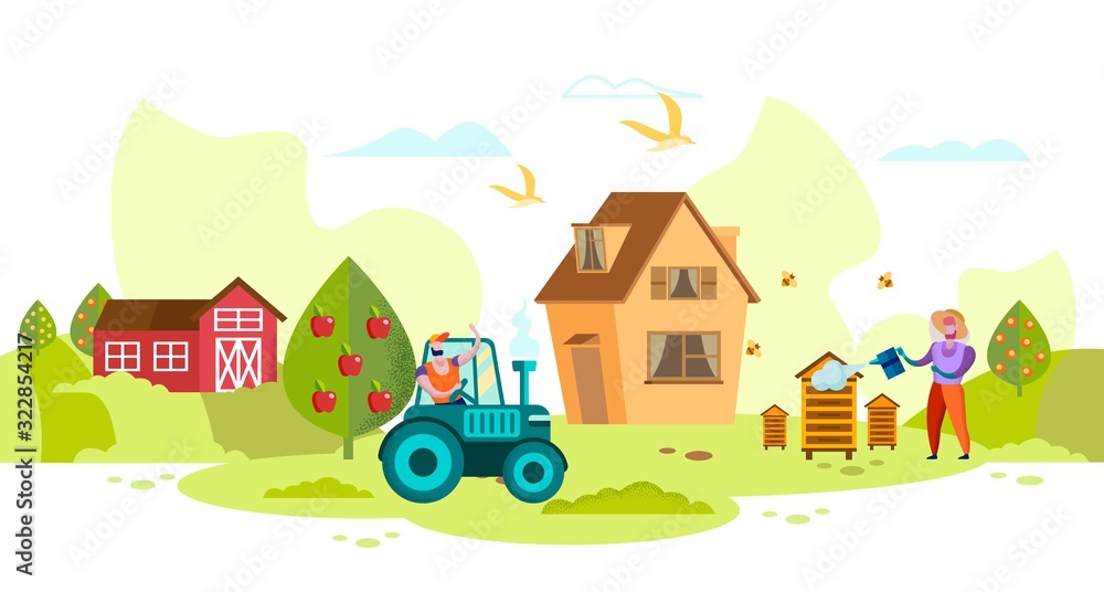 People Work on Manor. Beekeeper and Trautarist in Garden. Grow Organic Vegetables. Vector Illustration. Healthy Food. Organic Honey. Produced by Natural Products. People and Organic Production.