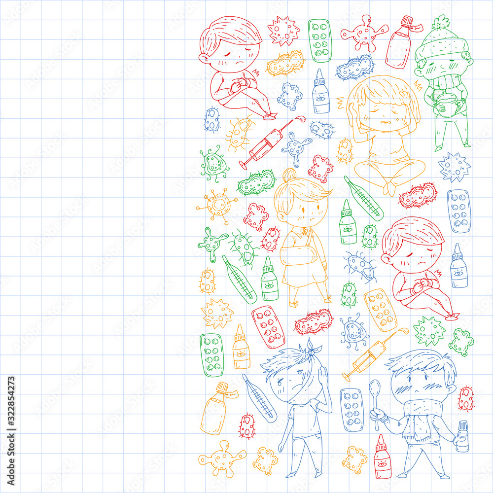 Vector pattern with little children. Illustration of Child diseases, flu, illness Vector pattern with little children. Illustration of Child diseases, flu, illness