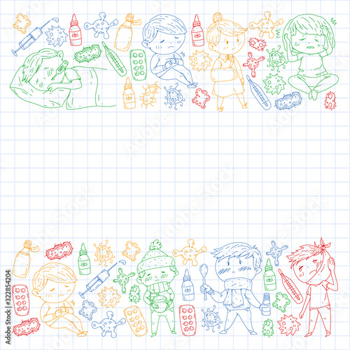 Vector pattern with little children. Illustration of Child diseases, flu, illness