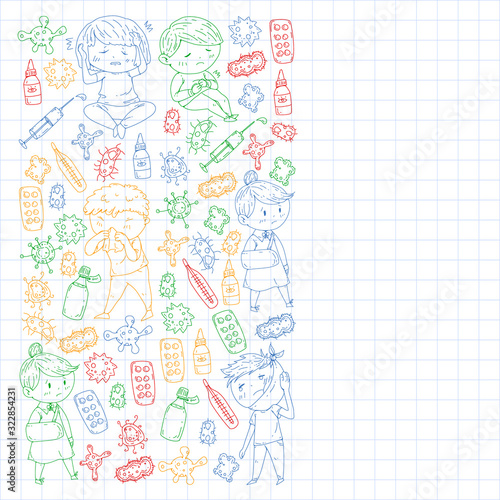 Vector pattern with little children. Illustration of Child diseases, flu, illness