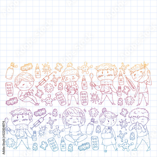 Vector pattern with little children. Illustration of Child diseases, flu, illness